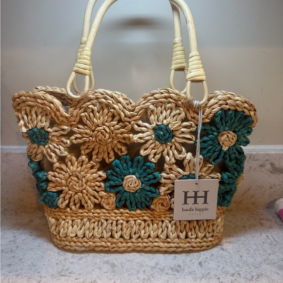 Haute Hippie Natural and Teal Handwoven Floral Tote - Picture 2 of 7
